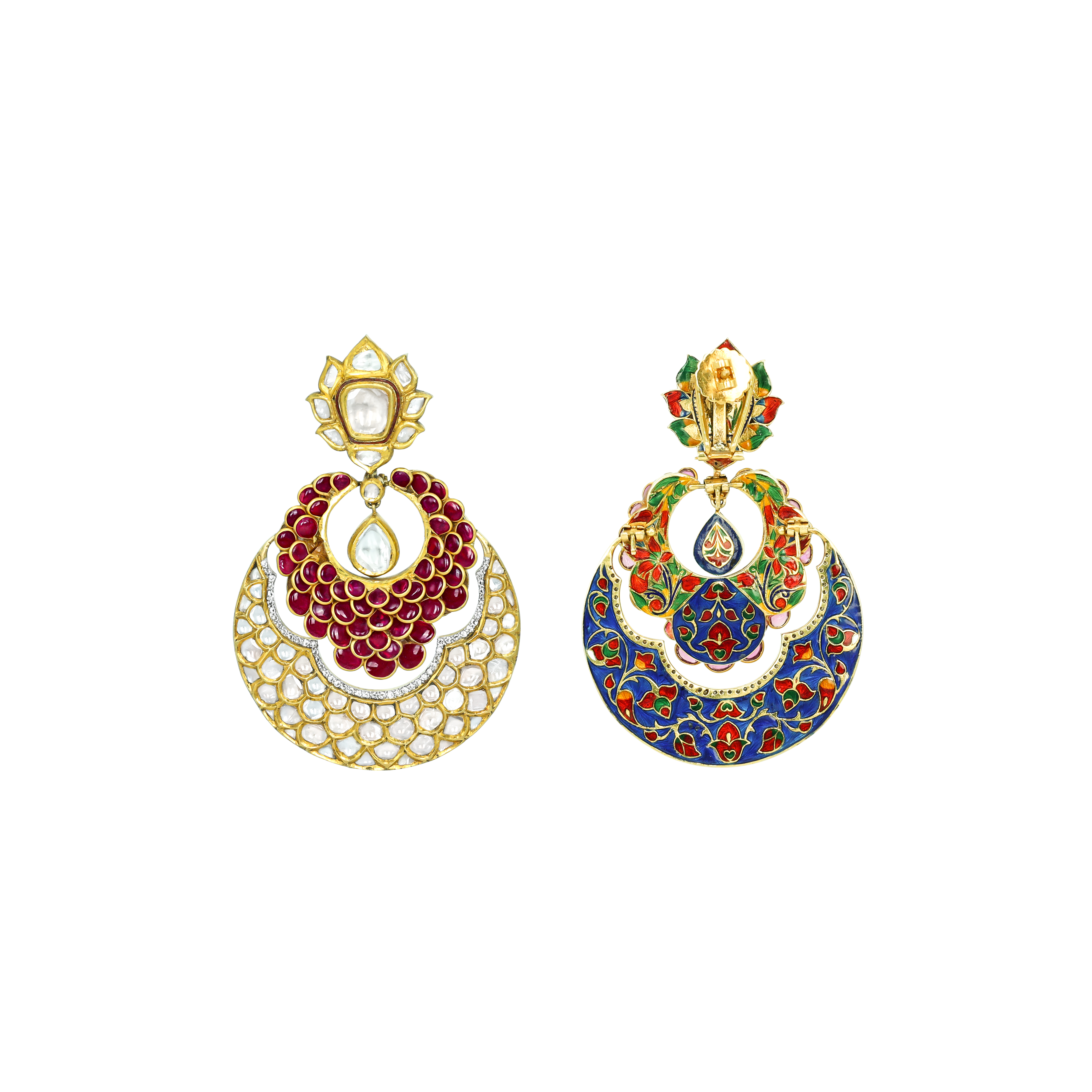 Red Stone Pachi Chandbali Earrings with Polkis